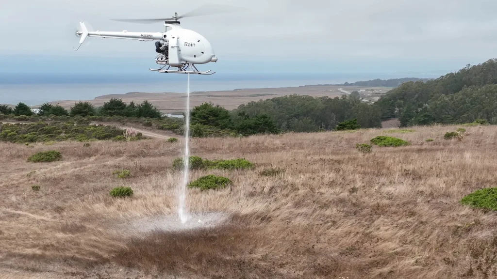 A Rain autonomous aircraft tests out fire-retardant spray. Photo: Courtesy of Rain.